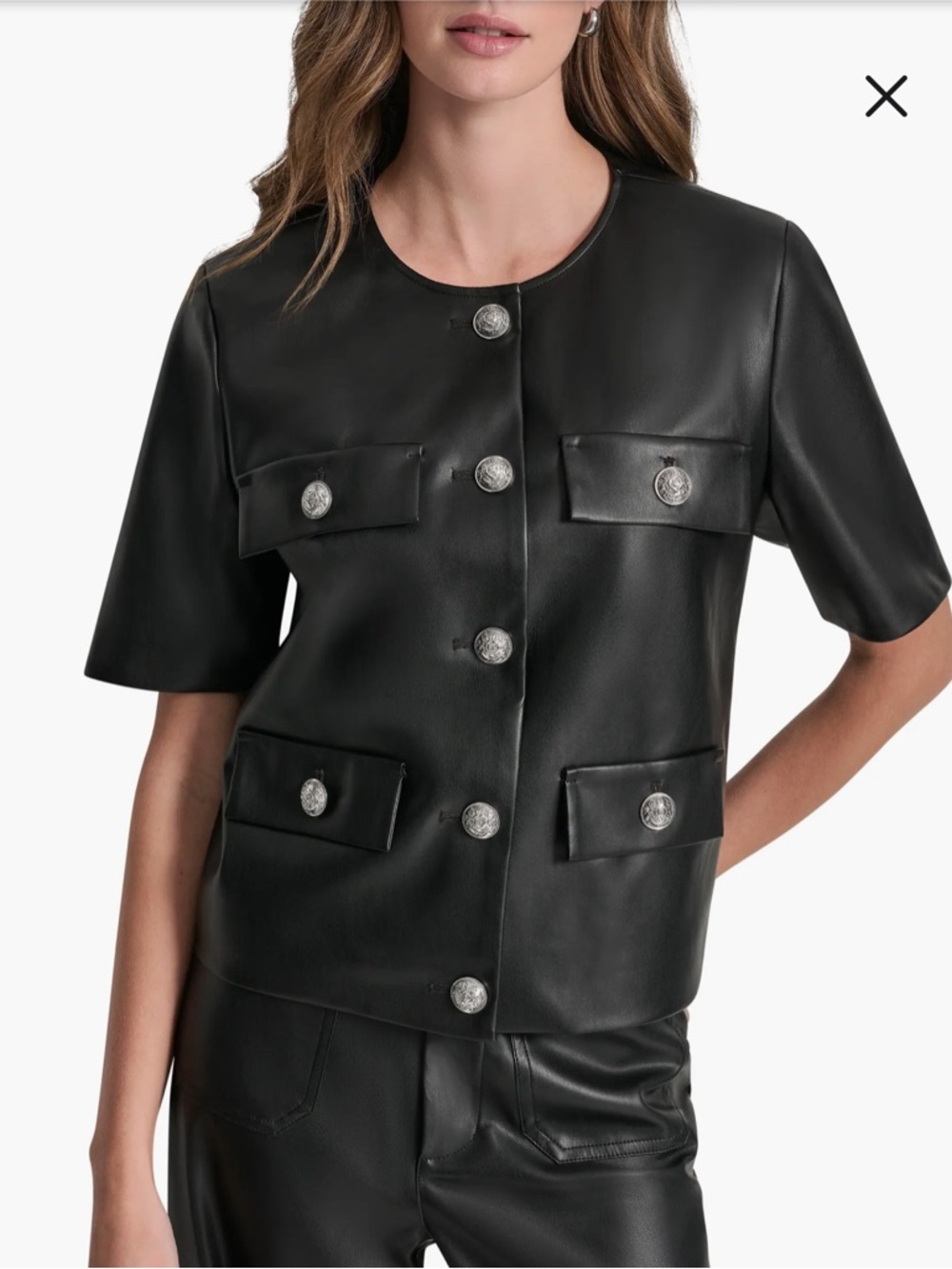NWT DKNY Jeans Sz Large Women’s Faux Leather Short Sleeve Jacket Top Ret $149!